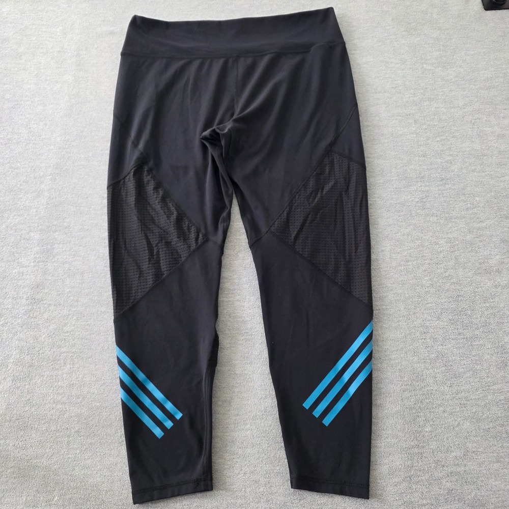 Adidas Running Leggings Womens XL Black Blue Striped Mesh Crop Tights